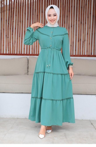 10068Sgs فستان حجاب مطرز ومفصل باللون الأخضر 9304