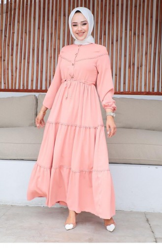 10068Sgs Besticktes Detailliertes Hijab-Kleid Dusty Rose 9306