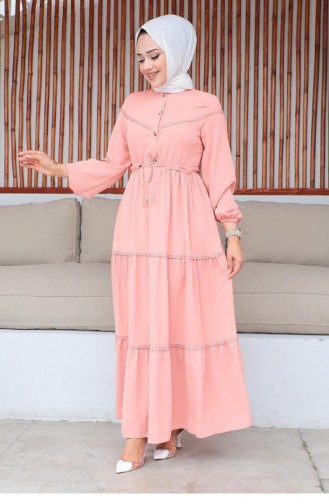 10068Sgs فستان حجاب مطرز ومفصل باللون الوردي المغبر 9306