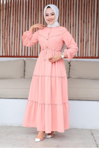 10068Sgs فستان حجاب مطرز ومفصل باللون الوردي المغبر 9306