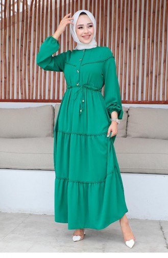 10068Sgs Robe Hijab Détaillée Brodée Vert émeraude 9307