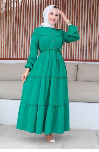 10068Sgs Robe Hijab Détaillée Brodée Vert émeraude 9307