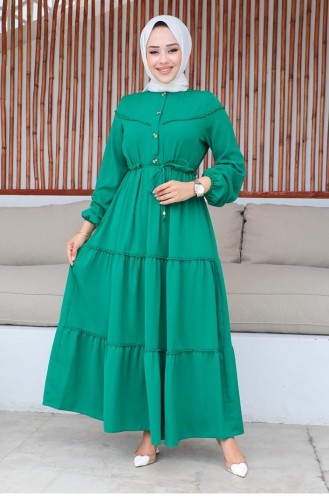 10068Sgs فستان حجاب مطرز ومفصل باللون الأخضر الزمردي 9307