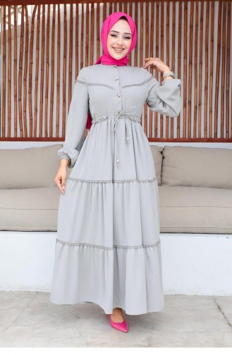 10068Sgs Besticktes Detailliertes Hijab-Kleid Grau 9322