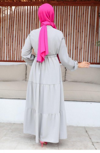 10068Sgs Robe Hijab Détaillée Brodée Gris 9322