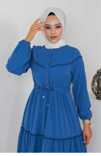 10068Sgs Embroidered Detailed Hijab Dress Indigo 9323