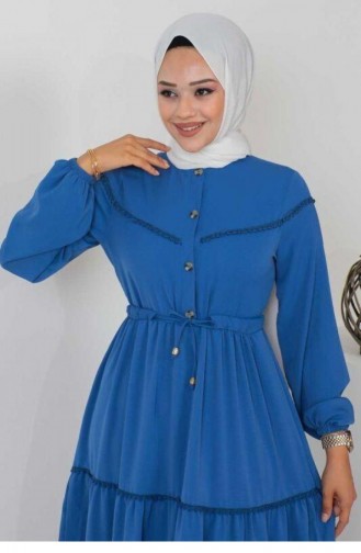 10068Sgs Embroidered Detailed Hijab Dress Indigo 9323