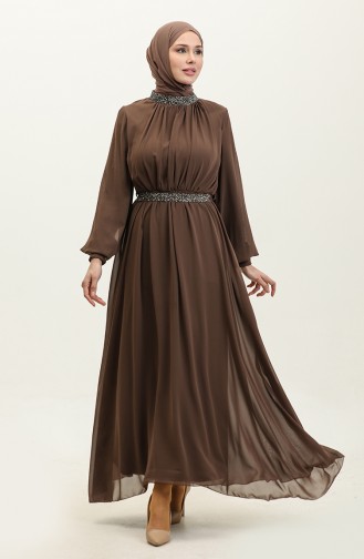 Stone Pleated Evening Dress 5339a-08 Dark Milky Coffee 5339A-08