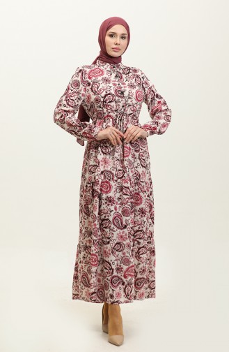 فستان فيسكوز بتصميم مُطبع 0279-04 لون إكرو فوشيا 0279-04