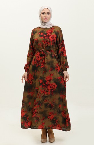 Ahsen Flower Patterned Viscose Dress 0329-01 Henna Green Red 0329-01