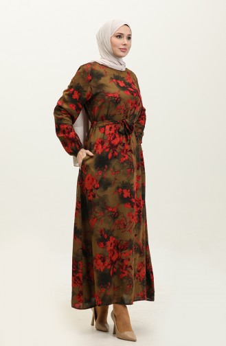 Ahsen Flower Patterned Viscose Dress 0329-01 Henna Green Red 0329-01