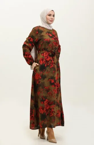 Ahsen Viscose-jurk Met Bloemenpatroon 0329-01 Hennagroen Rood 0329-01