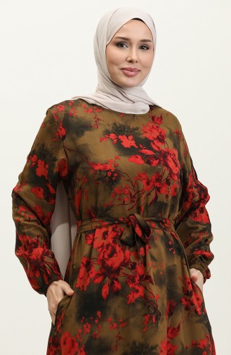 Ahsen Çiçek Desenli Viskon Elbise 0329-01 Kına Yeşili Kırmızı