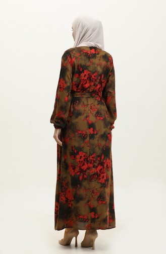 Ahsen Flower Patterned Viscose Dress 0329-01 Henna Green Red 0329-01