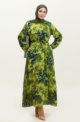 Ahsen Flower Patterned Viscose Dress 0329-02 Oil Green Petrol 0329-02