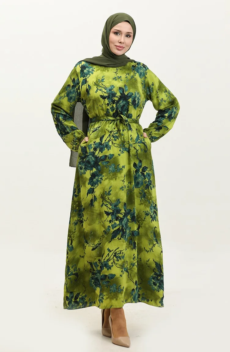 Ahsen Blumengemustertes Viskosekleid 0329-02 Ölgrün Petrol 0329-02