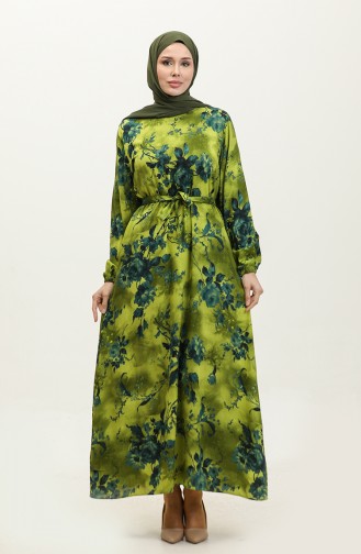 Ahsen Flower Patterned Viscose Dress 0329-02 Oil Green Petrol 0329-02