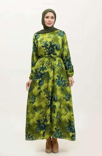 Ahsen Blumengemustertes Viskosekleid 0329-02 Ölgrün Petrol 0329-02