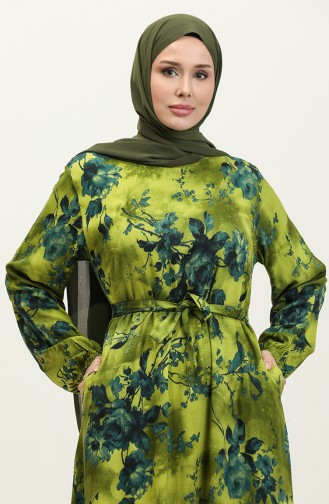 Ahsen Flower Patterned Viscose Dress 0329-02 Oil Green Petrol 0329-02