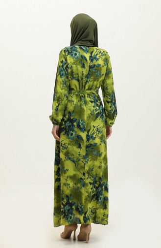 Ahsen Flower Patterned Viscose Dress 0329-02 Oil Green Petrol 0329-02