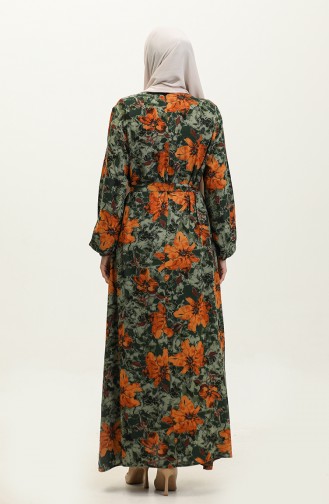Ahsen Flower Patterned Viscose Dress 0329-03 Dark Green Brick 0329-03