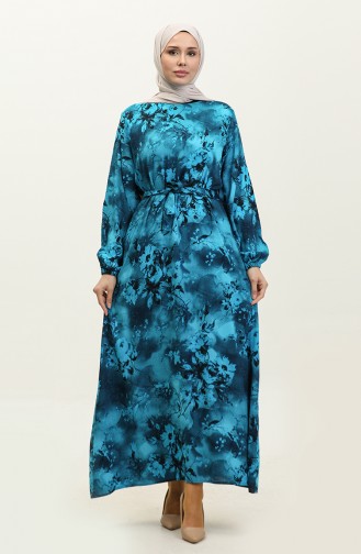 Ahsen Flower Patterned Viscose Dress 0329-04 Turquoise Black 0329-04