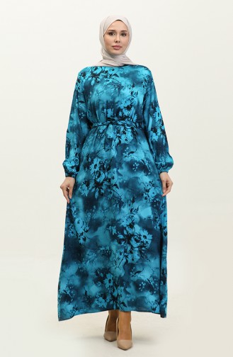 Ahsen Robe Viscose A Motifs Fleurs 0329-04 Turquoise Noir 0329-04