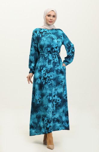 Ahsen Flower Patterned Viscose Dress 0329-04 Turquoise Black 0329-04
