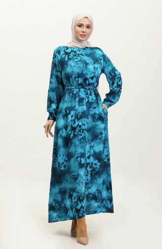 Ahsen Robe Viscose A Motifs Fleurs 0329-04 Turquoise Noir 0329-04