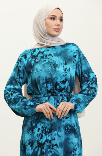 Ahsen Robe Viscose A Motifs Fleurs 0329-04 Turquoise Noir 0329-04