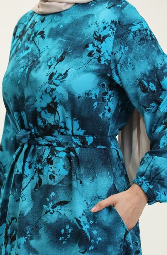 Ahsen Flower Patterned Viscose Dress 0329-04 Turquoise Black 0329-04