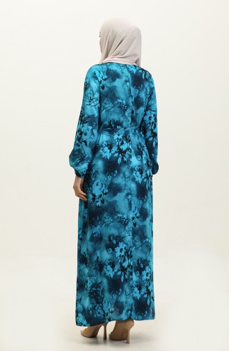 Ahsen Flower Patterned Viscose Dress 0329-04 Turquoise Black 0329-04