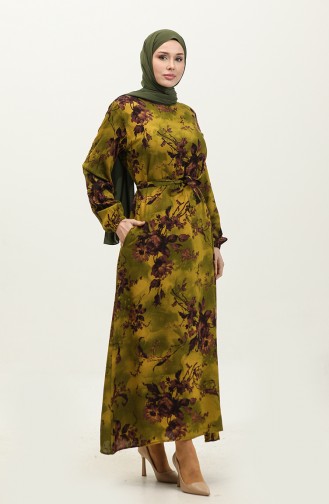 Ahsen Çiçek Desenli Viskon Elbise 0329-05 Yağ Yeşili Koyu Gül Kurusu