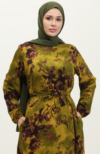 Ahsen Çiçek Desenli Viskon Elbise 0329-05 Yağ Yeşili Koyu Gül Kurusu
