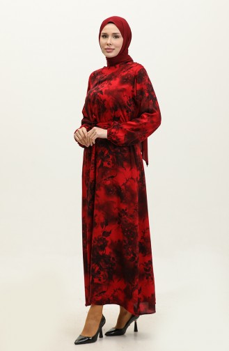 Ahsen Çiçek Desenli Viskon Elbise 0329-06 Kırmızı Siyah