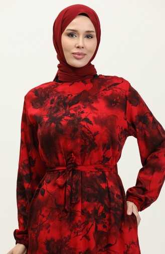 Ahsen Çiçek Desenli Viskon Elbise 0329-06 Kırmızı Siyah