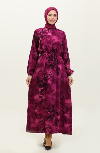 Ahsen Flower Patterned Viscose Dress 0329-08 Plum Black 0329-08