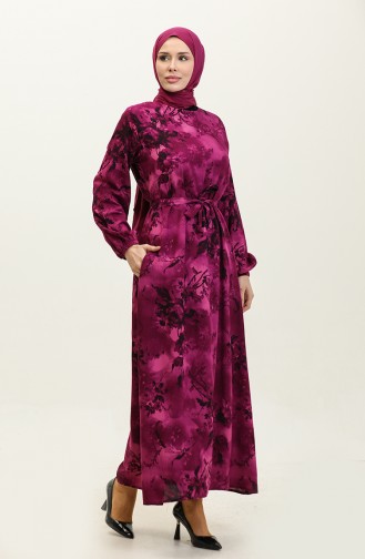 Ahsen Flower Patterned Viscose Dress 0329-08 Plum Black 0329-08