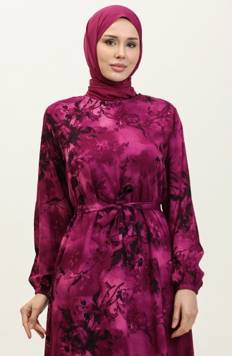 Ahsen Flower Patterned Viscose Dress 0329-08 Plum Black 0329-08