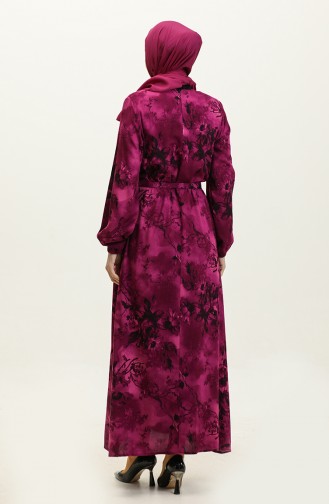 Ahsen Flower Patterned Viscose Dress 0329-08 Plum Black 0329-08