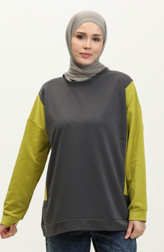 Kadın Çift Renkli Sweatshirt 1701-06 Antrasit Fıstık Yeşili