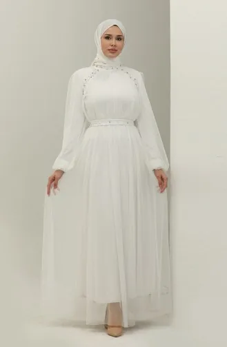 Boncuk İşlemeli Abiye Elbise 6208-03 Beyaz