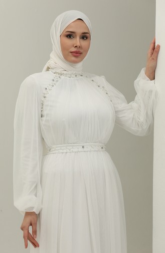 Boncuk İşlemeli Abiye Elbise 6208-03 Beyaz