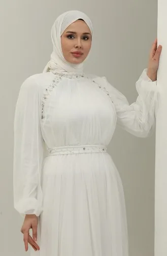 Boncuk İşlemeli Abiye Elbise 6208-03 Beyaz