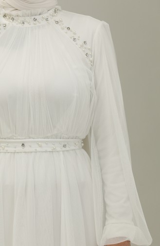 Boncuk İşlemeli Abiye Elbise 6208-03 Beyaz