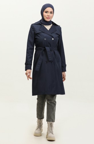 Medium Size Women`s Lined Trench Coat Navy Blue 6825.Lacivert