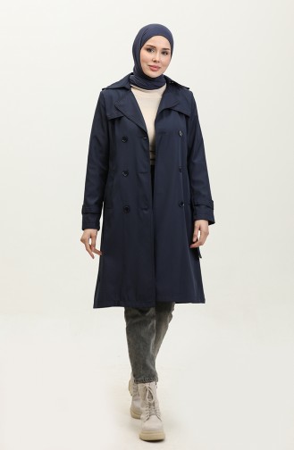 Medium Size Women`s Lined Trench Coat Navy Blue 6825.Lacivert