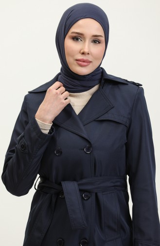 Medium Size Women`s Lined Trench Coat Navy Blue 6825.Lacivert