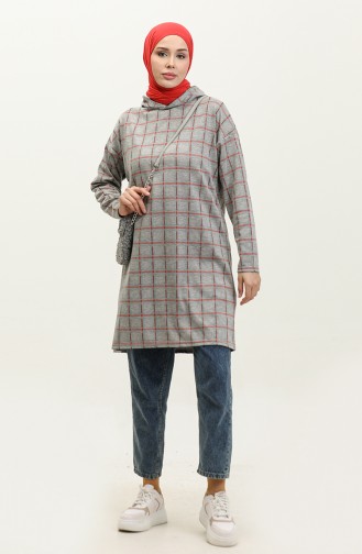 Hooded winter Jacquard Plaid Tunic 8683-01 Gray Brick Red 8683-01