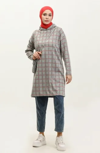 Kapüşonlu Kışlık Jakarlı Ekose Tunik 8683-01 Gri Kiremit